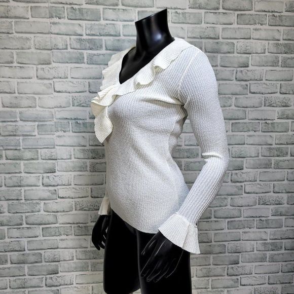Vintage 70s Marbella Knits California Off White Ribbed Flutter Vneck Knit Top - Picture 3 of 7